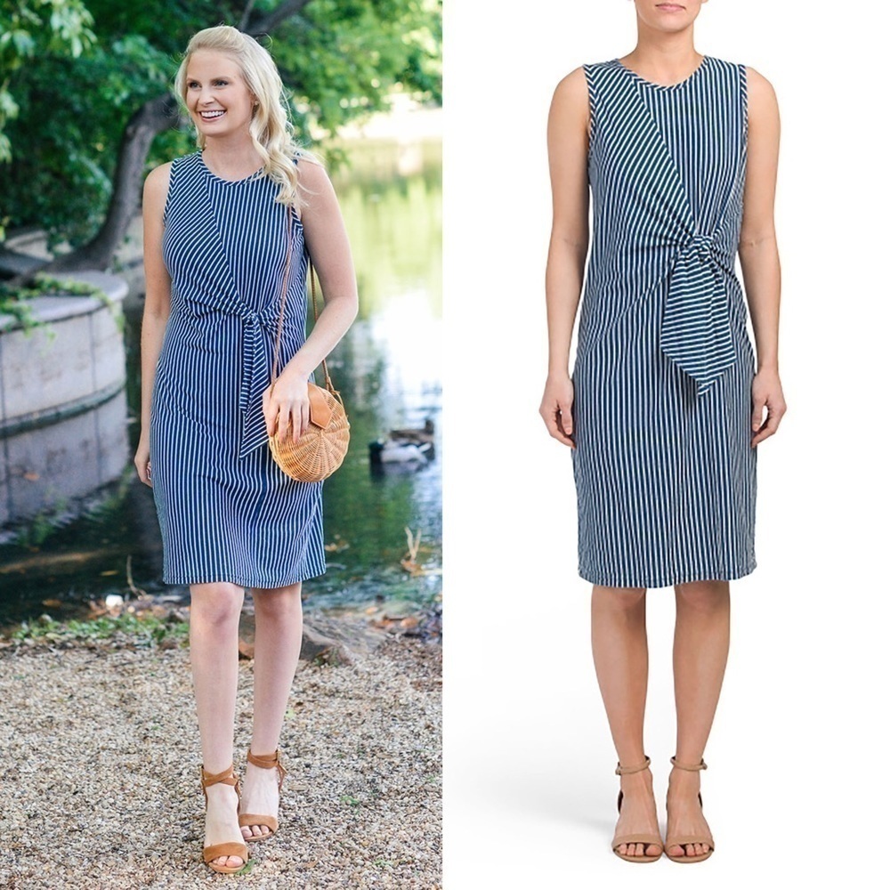 J. MCLAUGHLIN JENN STRIPED SLEEVELESS CREW NECK COTTON TIE WAIST SHEATH DRESS
